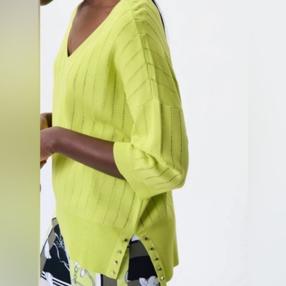 Joseph Ribkoff Lydia V-Neck Knit Top w/ Stud Detail | Lime Green | Size XS - Picture 6 of 7